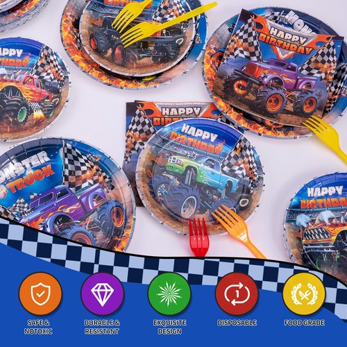 Monster Truck Birthday Decorations Kit - 97 Pcs Machines Jam Party Supplies for Boys Serves 24 Guests, Including Plates, Napkins, Forks & Tablecloth - Perfect for Monster Truck Themed Decor