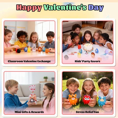 Kiddelo 24 Pack Valentines Day Cards for Kids School Classroom Exchange, Animal Pop Fidget Suction Keychains with 24 Cards, 12 Designs Non Candy Party Favors and Goodie Bag Stuffers