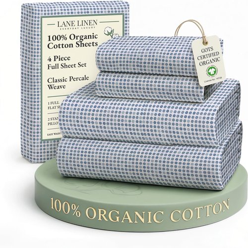 LANE LINEN 100% Organic Cotton Full Sheets Set - Soft, Comfy Percale Bedding in Polka Dot Design