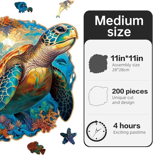 Coral Sea Turtle Jigsaw Puzzle by Wooden Puzzle - 200 Pieces | Fun Family Game Gift, Unique Shape, 11 x 11 Inch