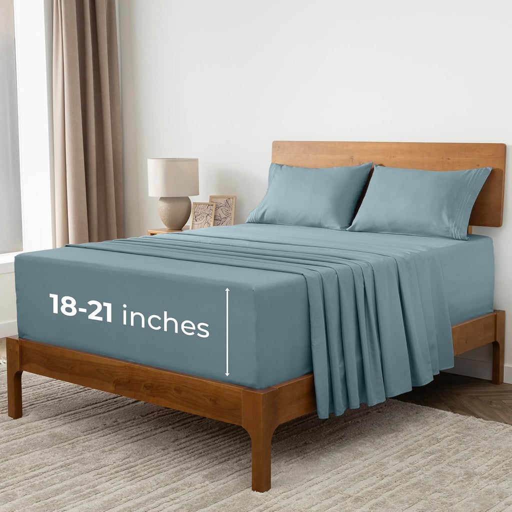 Mellanni Extra Deep Split King Sheets - 5 PC Hotel Luxury Bedding Set - Ultra Soft, Cooling, Wrinkle Resistant (Spa Blue)