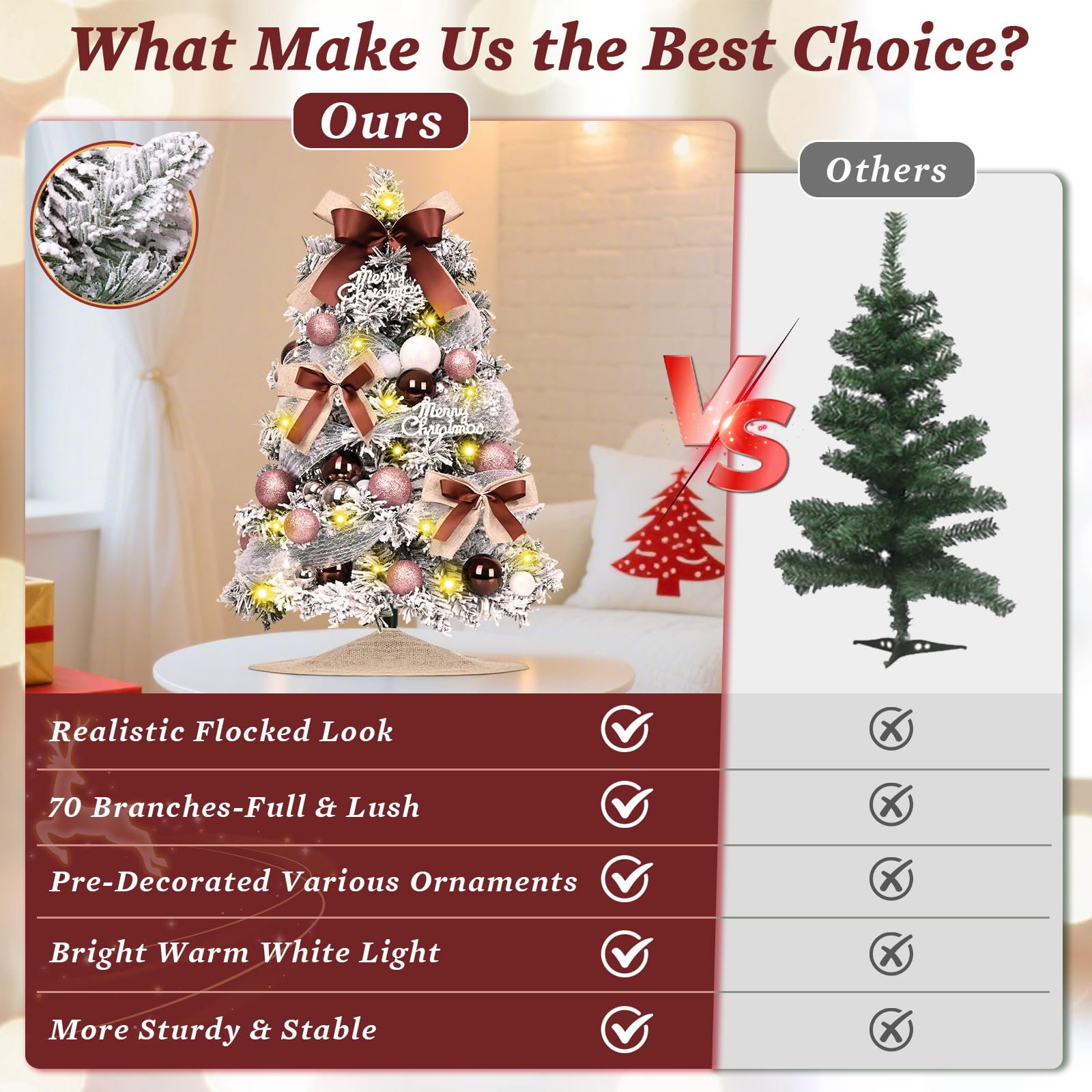 Uspring 2Ft Flocked Small Christmas Tree with Lights, Artificial Table Top Christmas Tree with 62 Pre-Decorated Ornaments, Full Mini Xmas Trees for Indoor Holiday Decor