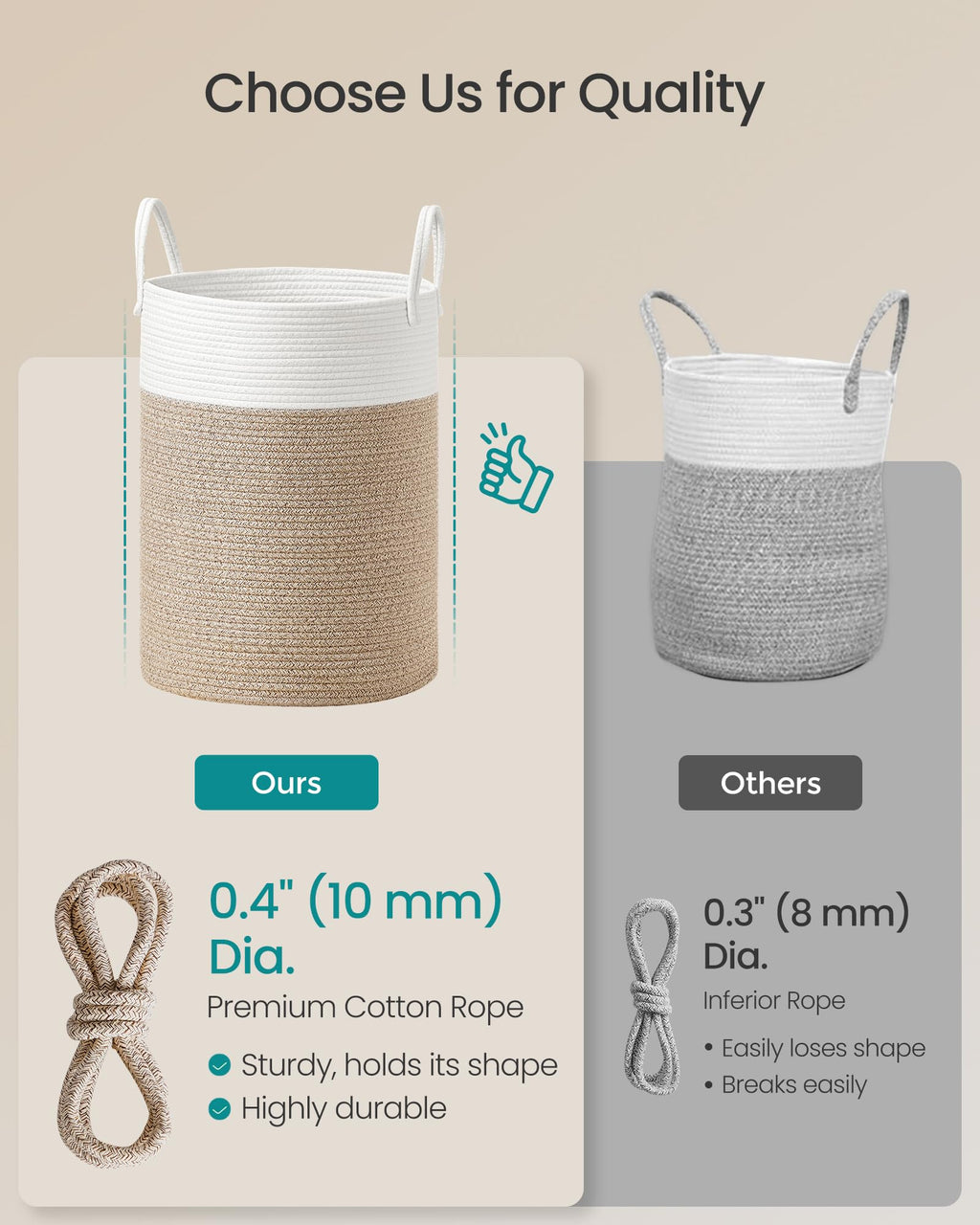 SONGMICS Laundry Hamper, Cotton Rope Laundry Basket with Handles, for Children, Toys, Clothing, Living Room, Bedroom, 15.8 Gallons, 13.8 x 13.8 x 19.7 Inches, White and Grayish Brown URLH061LZ01