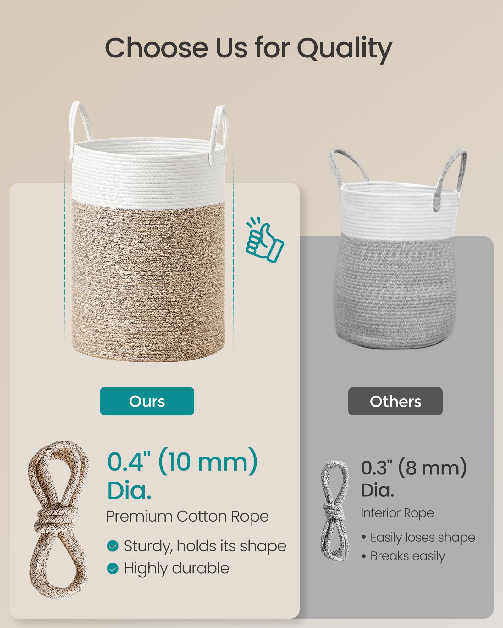 SONGMICS Laundry Hamper, Cotton Rope Laundry Basket with Handles, for Children, Toys, Clothing, Living Room, Bedroom, 15.8 Gallons, 13.8 x 13.8 x 19.7 Inches, White and Grayish Brown URLH061LZ01