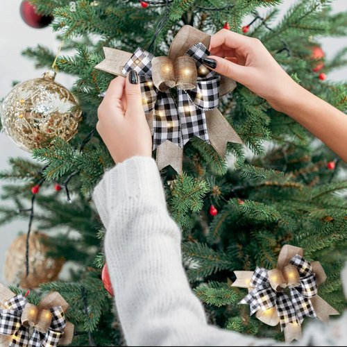 LED Christmas Wreath Bow by Buffalo Plaid - Rustic Black & White Burlap with Lights | 9.5 x 13 Inch