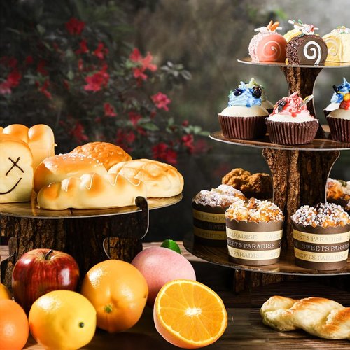 PANGU 2 Pack Rustic Wood Cupcake Stand for Party, 3-Tier Cardboard Cupcake Tower Holder for Baby Shower, Birthday, Camping, Safari Theme, Woodland Party Decorations, Dessert Display Tray (Wood Grain Look)