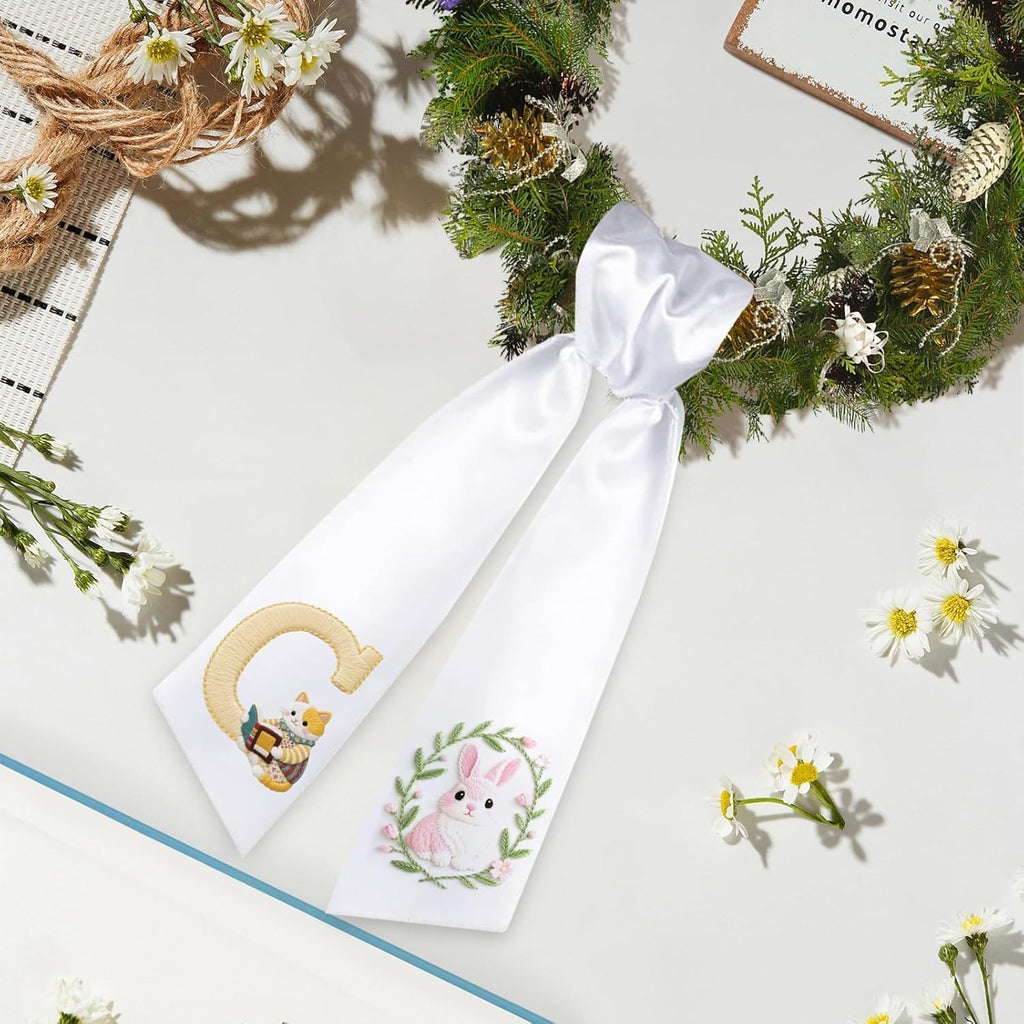 Skiennix 6 PCS White Satin Wreath Sashes - Embroidered Decor for Weddings & Holidays