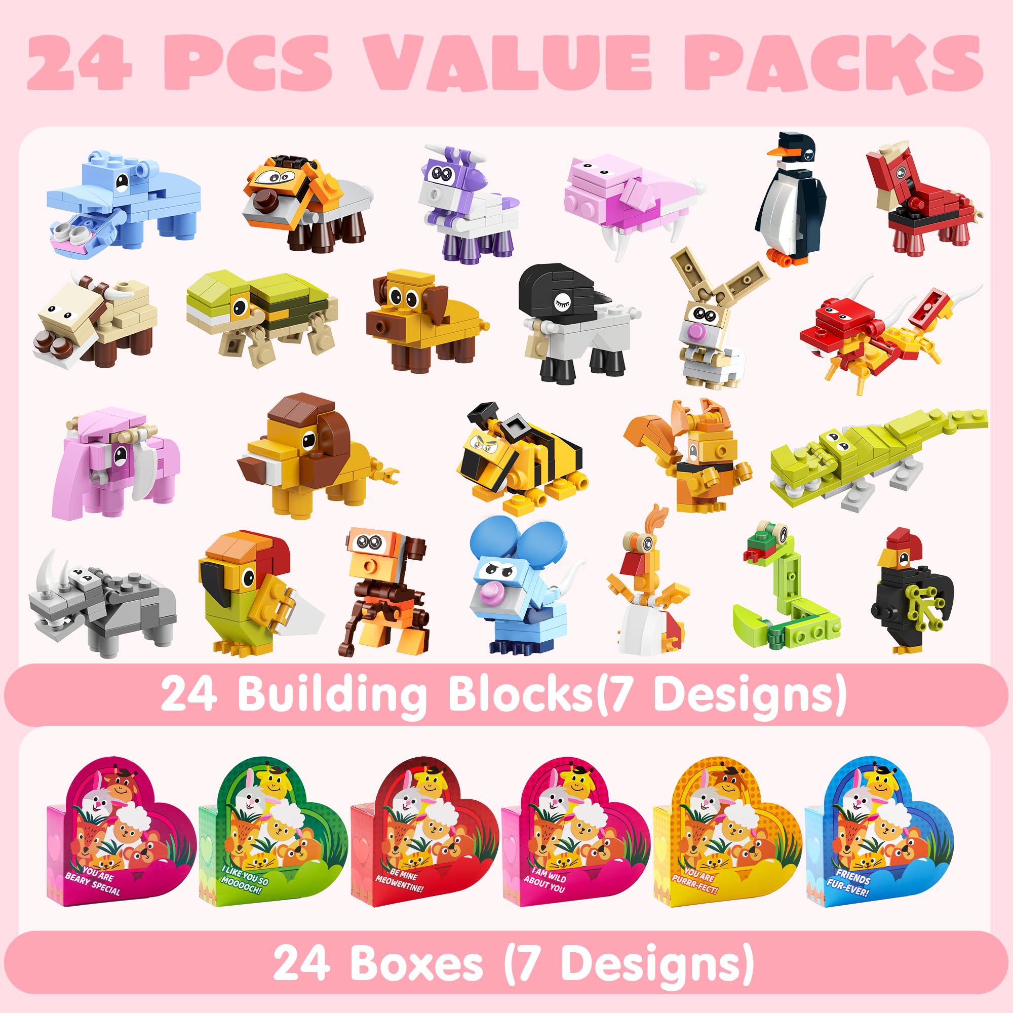 JOYIN 24 Packs Valentines Animal Building Blocks with Hearts Party Favors for Kids Valentine Classroom Prize, Classroom Gift Exchange School Rewards