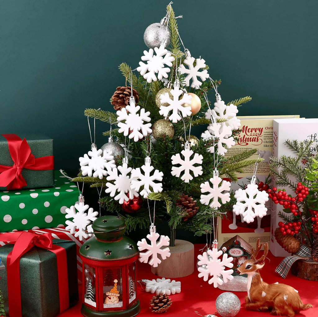 Skiennix 24 Pcs Snowflake Hanging Ornaments - White Plastic Decorations for Christmas Trees & Winter Parties