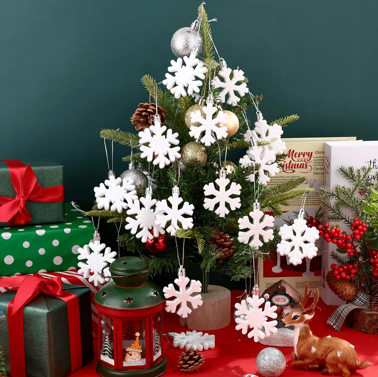 Skiennix 24 Pcs Snowflake Hanging Ornaments - White Plastic Decorations for Christmas Trees & Winter Parties