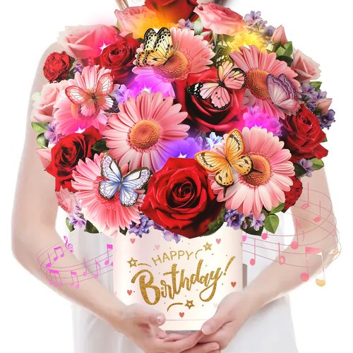 Ecloverlife Birthday Cards with Music & Lights, Pop Up Happy Birthday Cards, 10 Inch Size Daisies & Butterflies Flower Bouquet, Birthday Cards for Girls, Women, Wife, Mom, Sisters