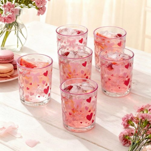 Ferrochef 6 Pcs Valentines Heart Glasses Drinkware Valentines Day Icon Juice Glasses 11oz Galentines Day Pink Bow Cup for Party Gift Hot and Cold Beverages Women Friend