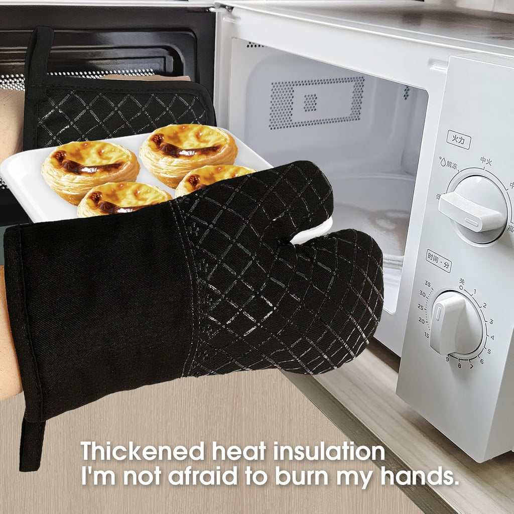 Skiennix Oven Mitts Set - 4-Piece Heat Resistant Kitchen Mitts & Pan Racks | Non-Slip Silicone, Black