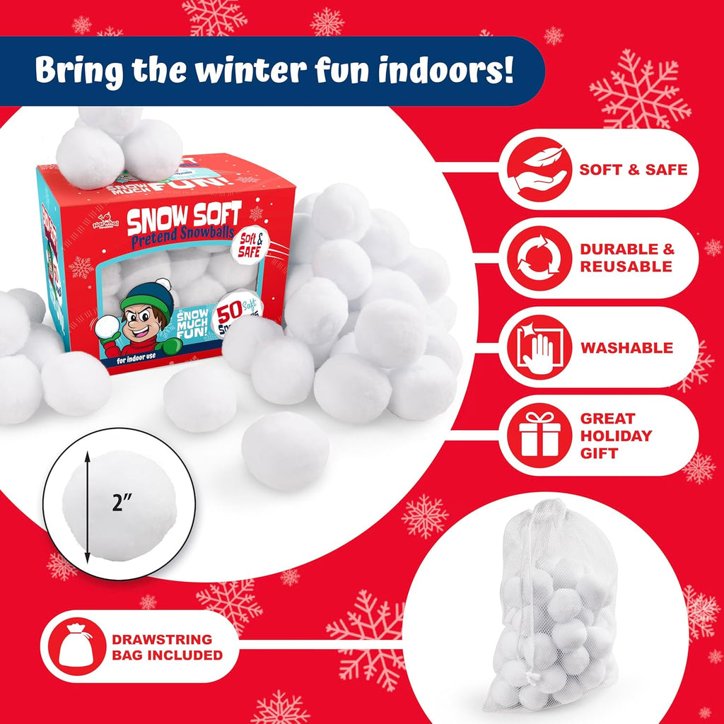 Narwhal Novelties 50 Pack Fun Fake Snowballs - 2-Inch Artificial Snowballs for Indoor/Outdoor Play | Perfect for Winter Games & Decorations