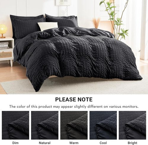 HYMOKEGE King Size Comforter Set - Luxury 7-Piece Seersucker Bedding in Black for All Seasons