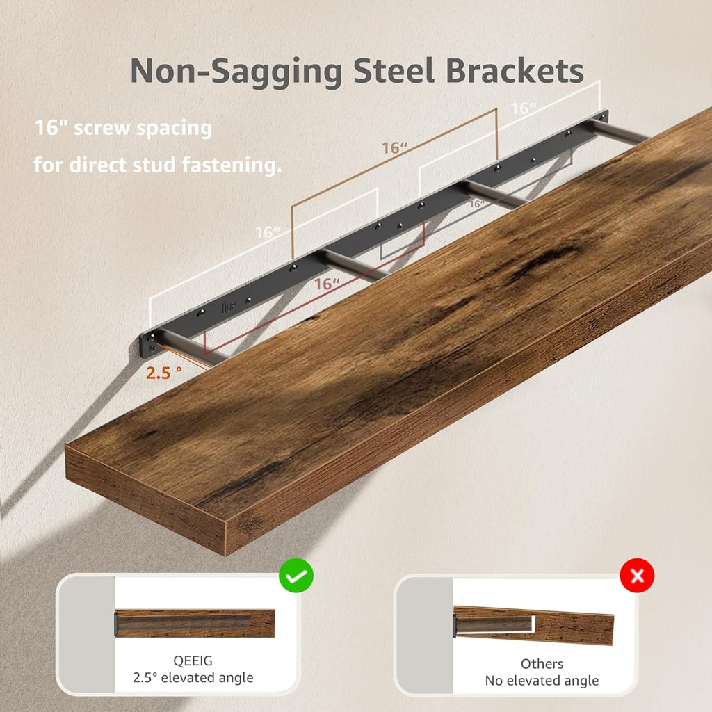 QEEIG Floating Shelves - Extra Long Rustic Brown Wall Shelf Set of 2 | 55.1 x 9.3 Inch for Home Decor