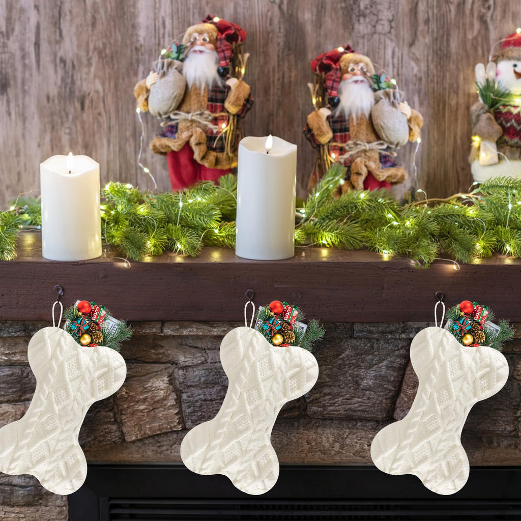 Doitory Dog Christmas Stocking, Large Bone Shape Knit Christmas Stockings for Dogs, Xmas Party Hanging Stocking for Fireplace Tree Gift Home Decoration (White)