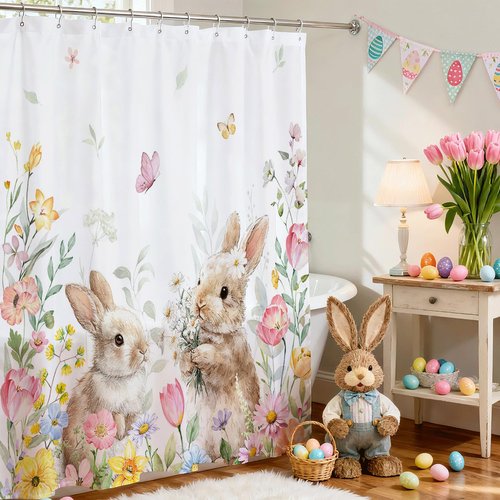 Mocsicka Spring Easter Shower Curtain Funny Cute Bunny Floral Bath Curtain Waterproof Spring Floral Wildflowers Shower Curtain for Bathroom Decor 72 X 72 Inch
