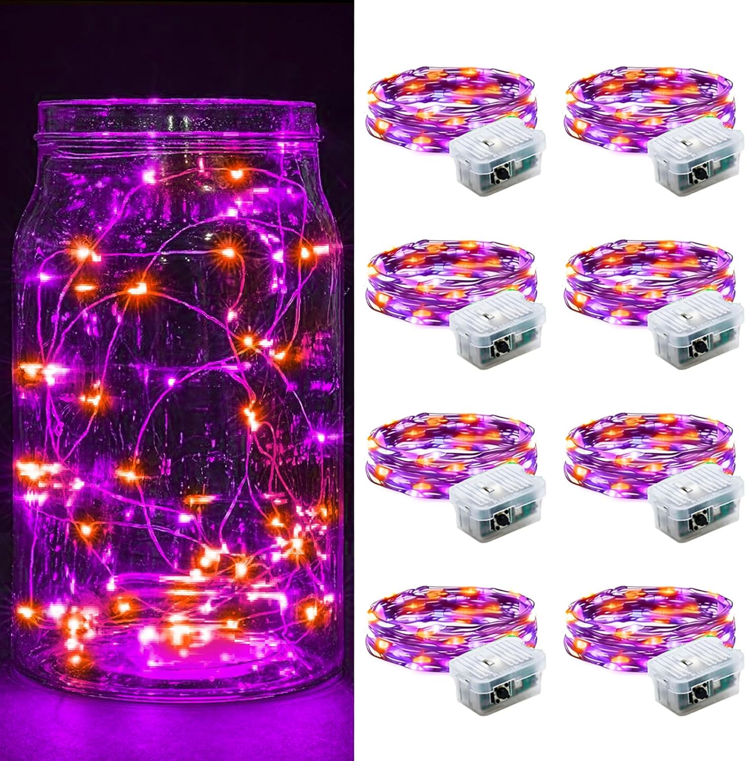 Skiennix 8 Pack Fairy Lights - 7Ft 20 LED Twinkle String Lights | Battery Operated & Waterproof for Parties, Weddings, Christmas & Valentine's Day - Orange & Purple