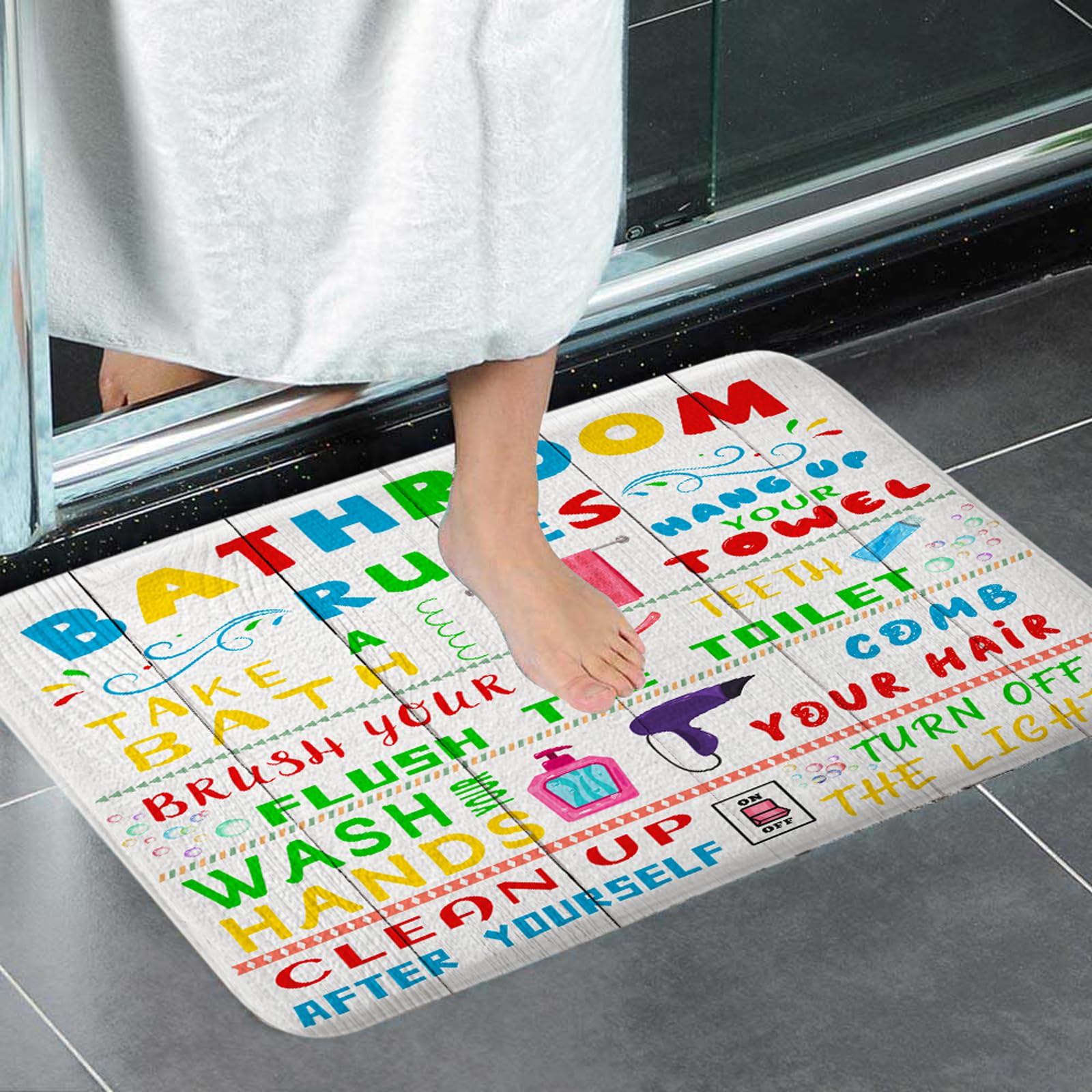 4 Pcs Kids Shower Curtain Sets, Funny Teen Boy Girl Bathroom Sets with Non-Slip Rugs and Accessories, Cute Colorful Bathroom Rules Fabric Toilet Lid Cover and Bath Mat, Shower Curtain with 12 Hooks.