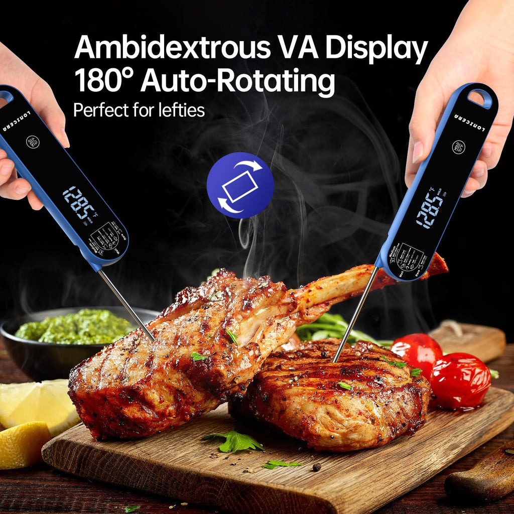 Lonicera Professional Meat Thermometer for Cooking. Instant Read Less Than 0.6 Sec, ±0.5℉ Accuracy with Thermocouple Tech. IP67 Waterproof Design, Ambidextrous VA Display, Auto Wake up (Blueberry)
