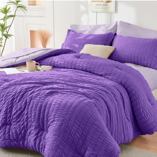 HYMOKEGE California King Comforter Set - Dark Purple & Lavender Seersucker | 7-Piece All-Season Luxury Bedding