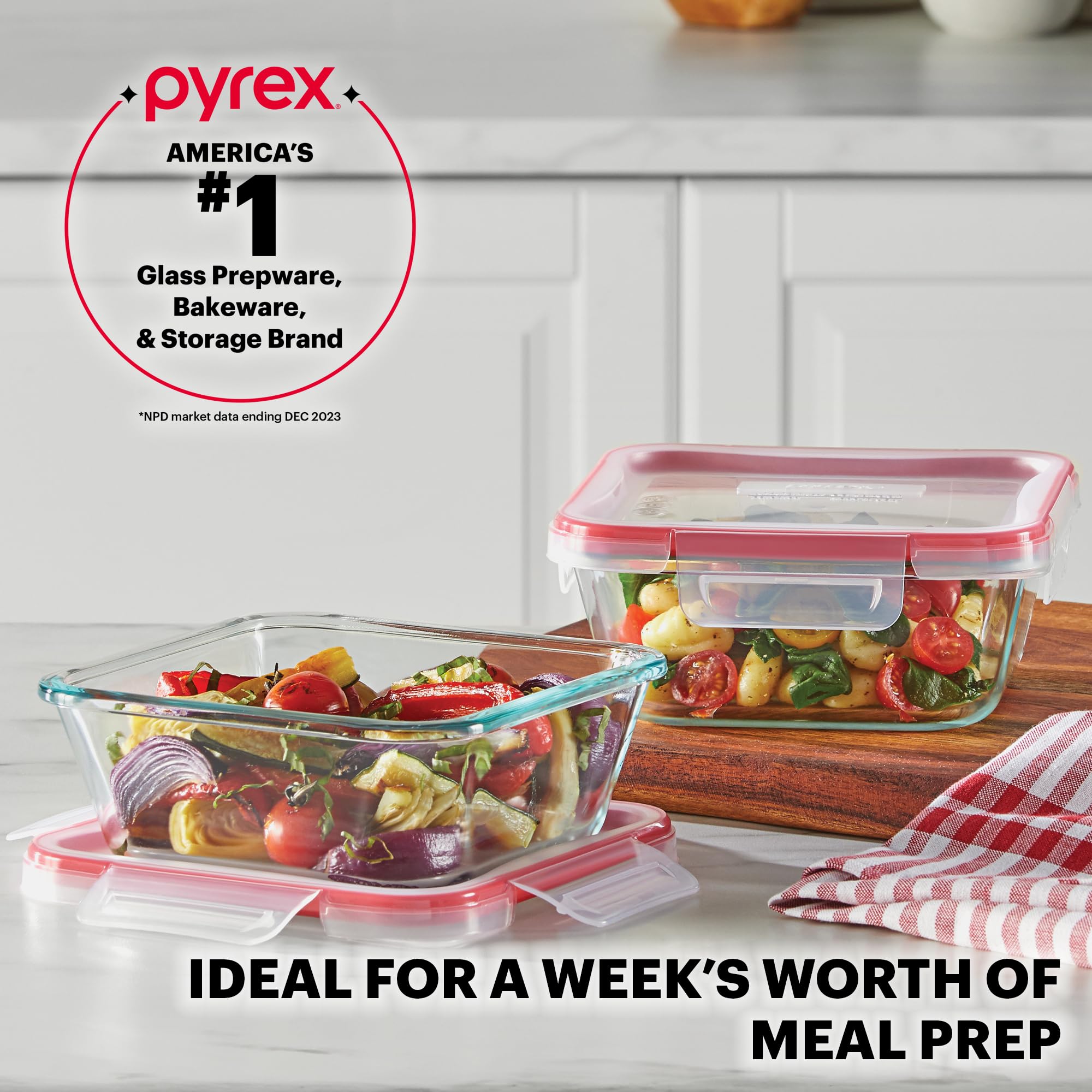 Pyrex Freshlock (5-Pack, 4 Cup) Glass Food Storage Containers Set, Airtight & Leakproof Plastic Locking Lids BPA-Free, Meal Prep Containers Set, Freezer Dishwasher Microwave Safe