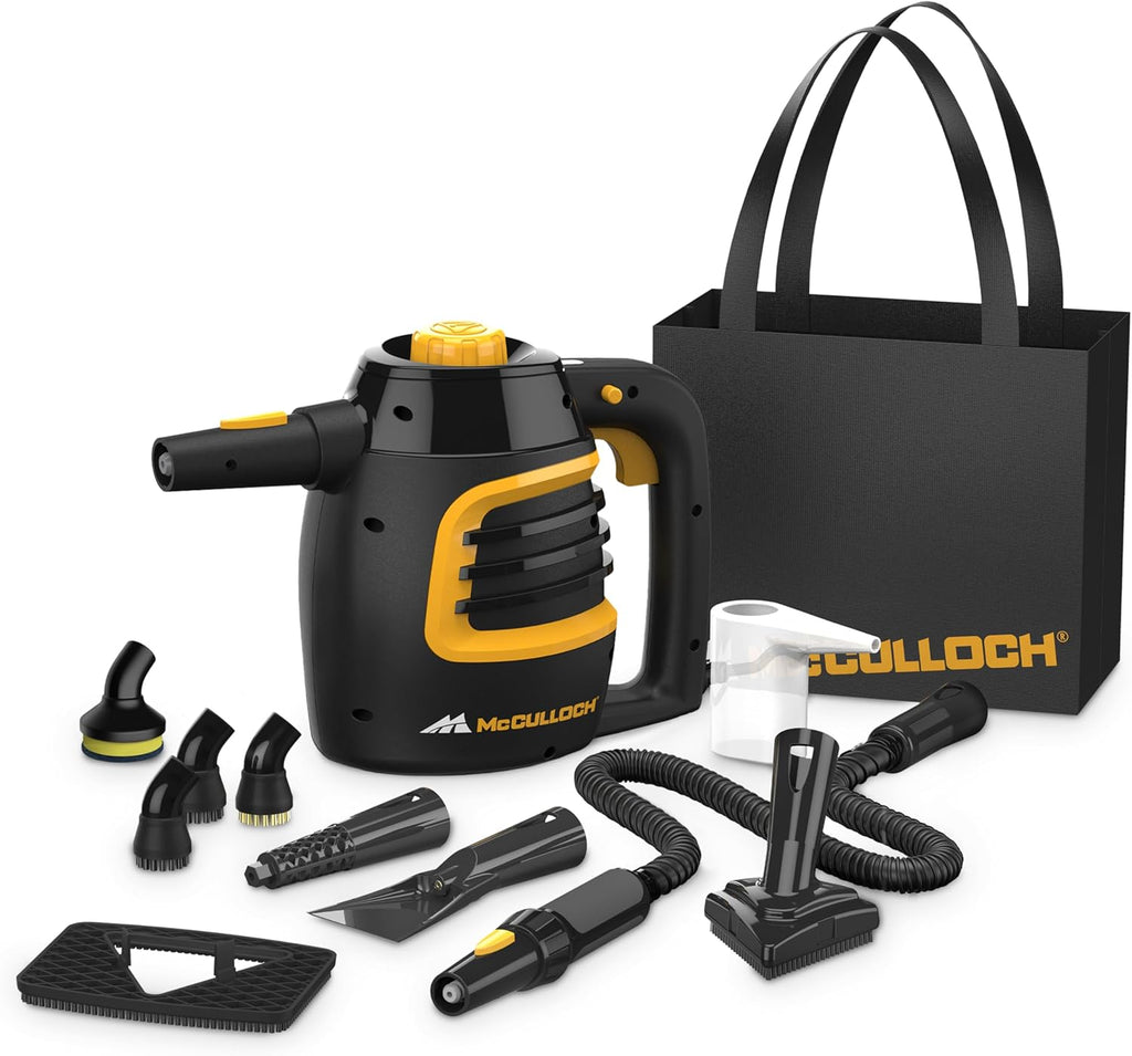 McCulloch MC1230 Handheld Steam Cleaner - 10-Minute Runtime & 11 Accessories for Home & Car Detailing