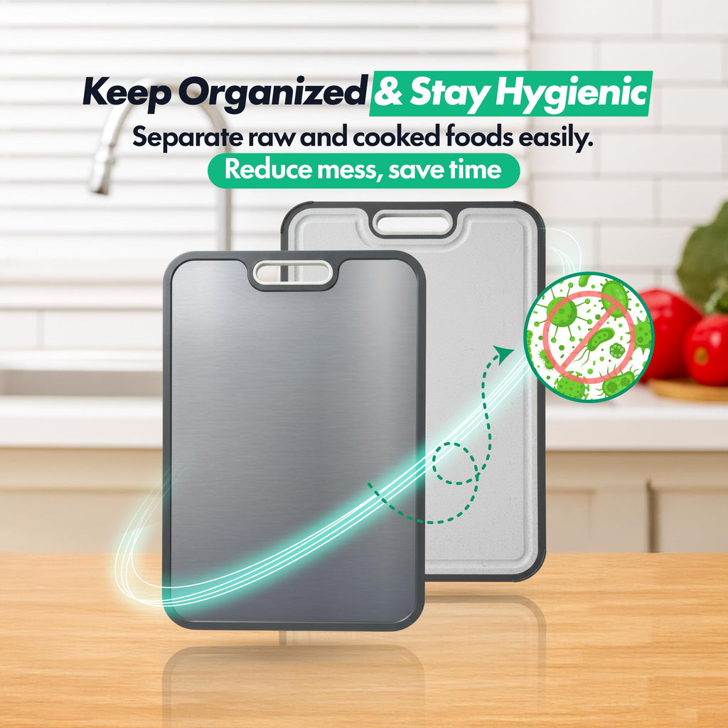 Titanium Cutting Board for Kitchen – Non Toxic & Hygienic, Reversible 2-in-1, Durable Metal Surface, Easy to Clean, Dual Surface with PP Wheat Fiber Side, Juice Groove, 16"x11"