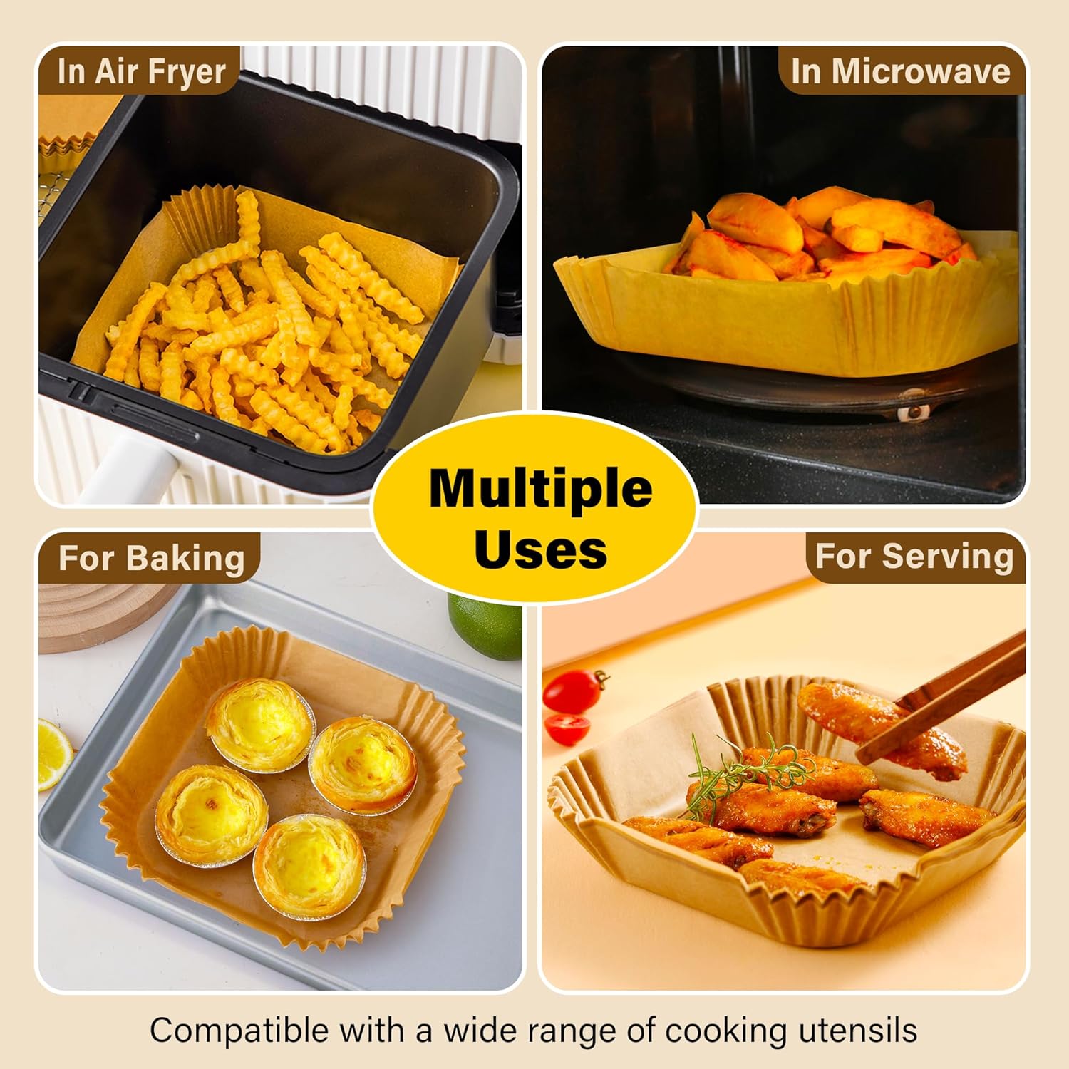 Air Fryer Liners | 125 Pcs Unbleached Non-Stick Parchment Paper | 8 Inch Square for 5-8QT Air Fryers