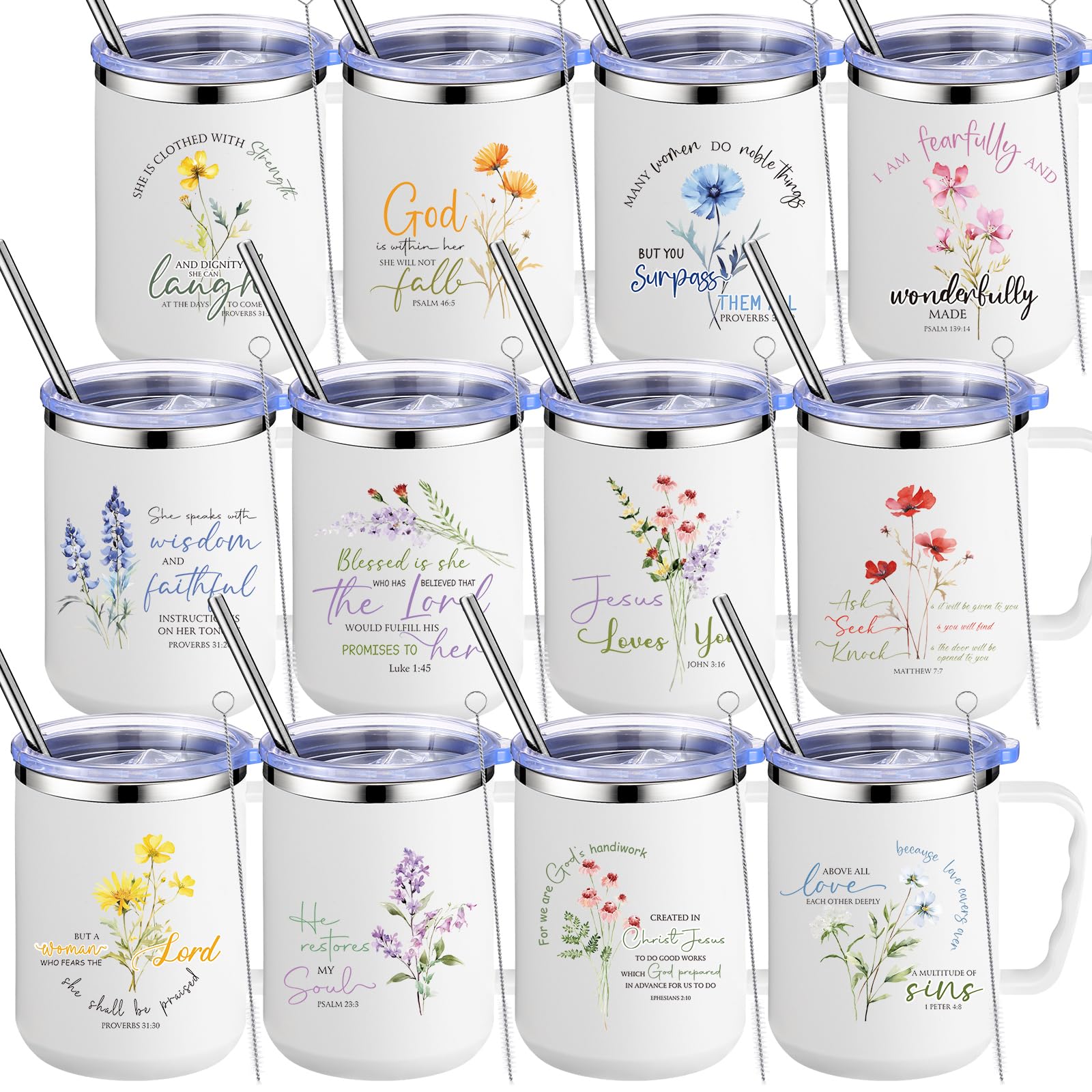 Nitial 12 Pcs 17 oz Christian Coffee Mugs with Lid and Straw Religious Bible Verse Christian Gifts Insulated Inspirational Bible Affirmations Tumbler for Women Friend Men (White,Flower)