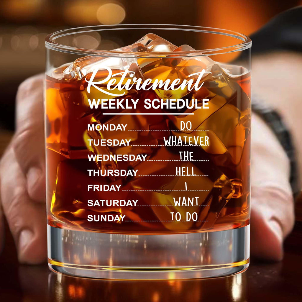 WHIDOBE Retirement Gift - Gift For Retirement Men - Weekly Schedule Whiskey Glass For Men - Retired Whiskey Glass for Dad, Grandpa - Farewell Leaving Gift For Boss, Coworker