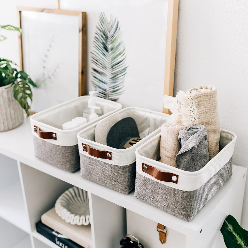 OrganiHaus Small Fabric Storage Baskets - 3 Pack 12x8in Cloth Bins for Organizing | Gray/Off-White