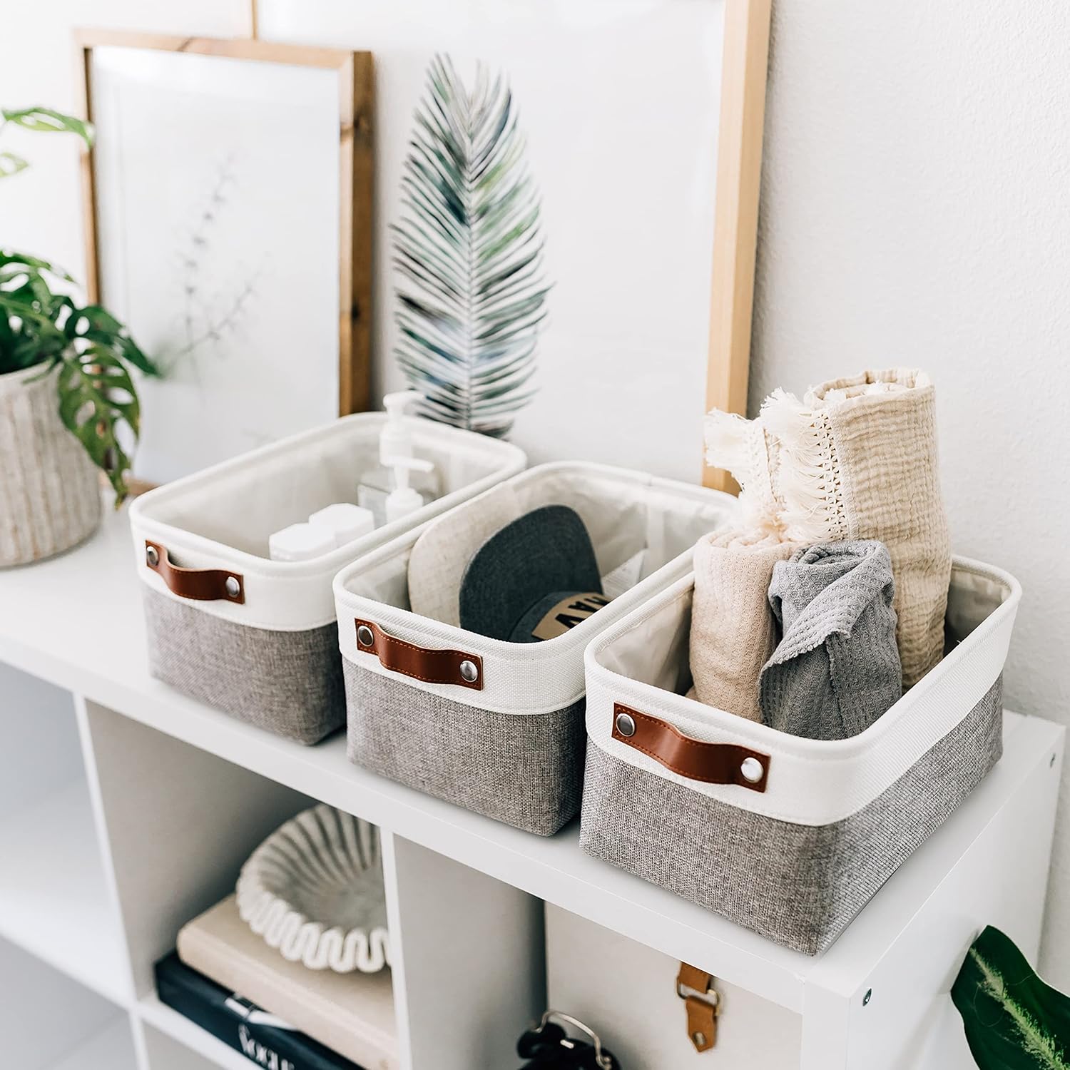 OrganiHaus Small Fabric Storage Baskets - 3 Pack 12x8in Cloth Bins for Organizing | Gray/Off-White