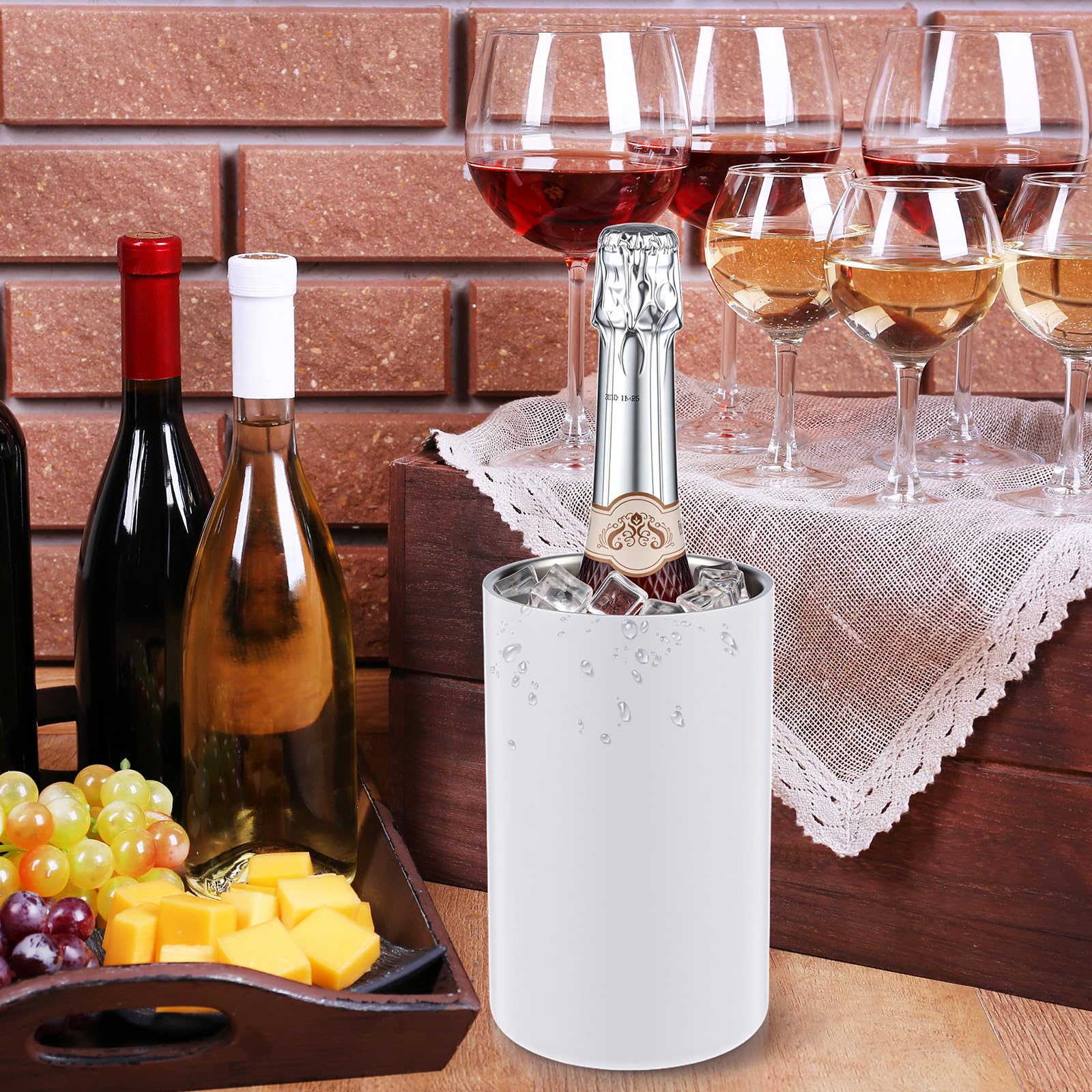 Potchen 6 Pack Wine Chiller Bucket Wine Bottles Cooler Bulk, Stainless Steel Double Wall Insulated Champagne Ice Bucket for Parties,Fits for 750 ml Bottles (White)