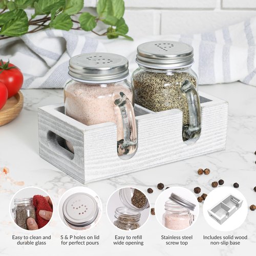 Mason Jar Salt and Pepper Shakers - Glass Shaker Set with Wood Holder Caddy, Easy to Clean & Refill for Farmhouse Kitchen Table, Home and Gifts (White)