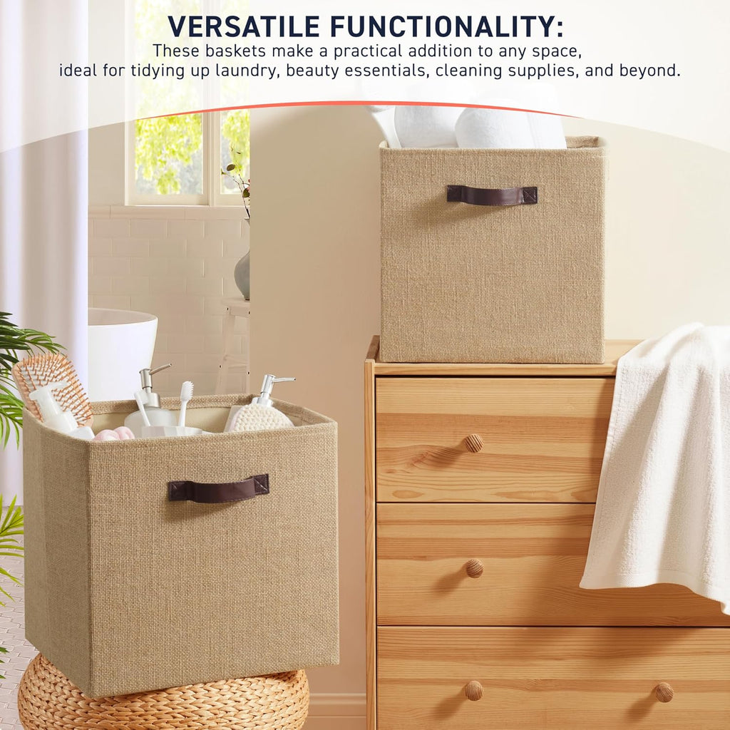 Ornavo Home Storage Cube Bins - 10.5 x 10.5 Jute Baskets, 6 Pack, Foldable with Leather Handles