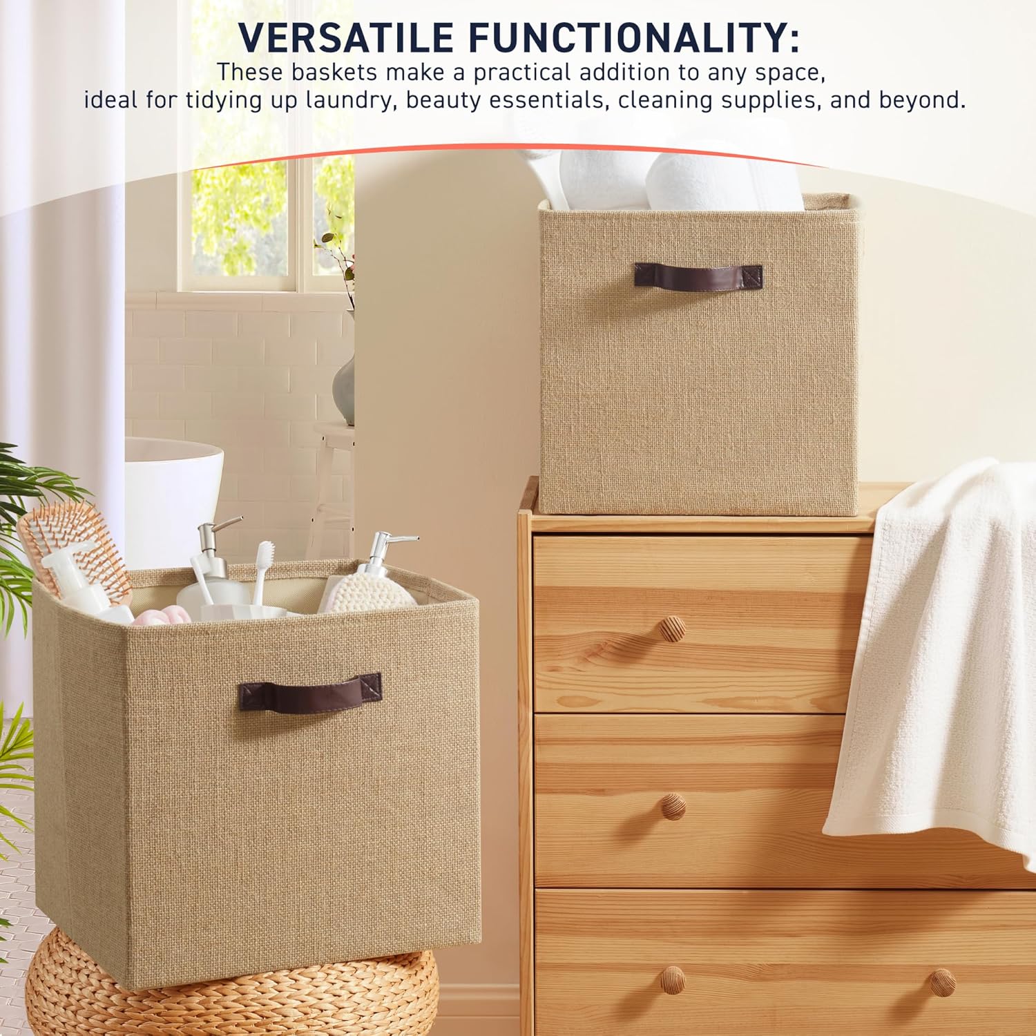 Ornavo Home Storage Cube Bins - 10.5 x 10.5 Jute Baskets, 6 Pack, Foldable with Leather Handles