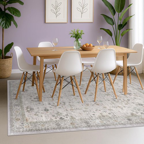 Hazo Haus Boho Light Grey Area Rug - Modern Vintage Floral Design | Washable 6x9 Non-Slip Living Room Rug