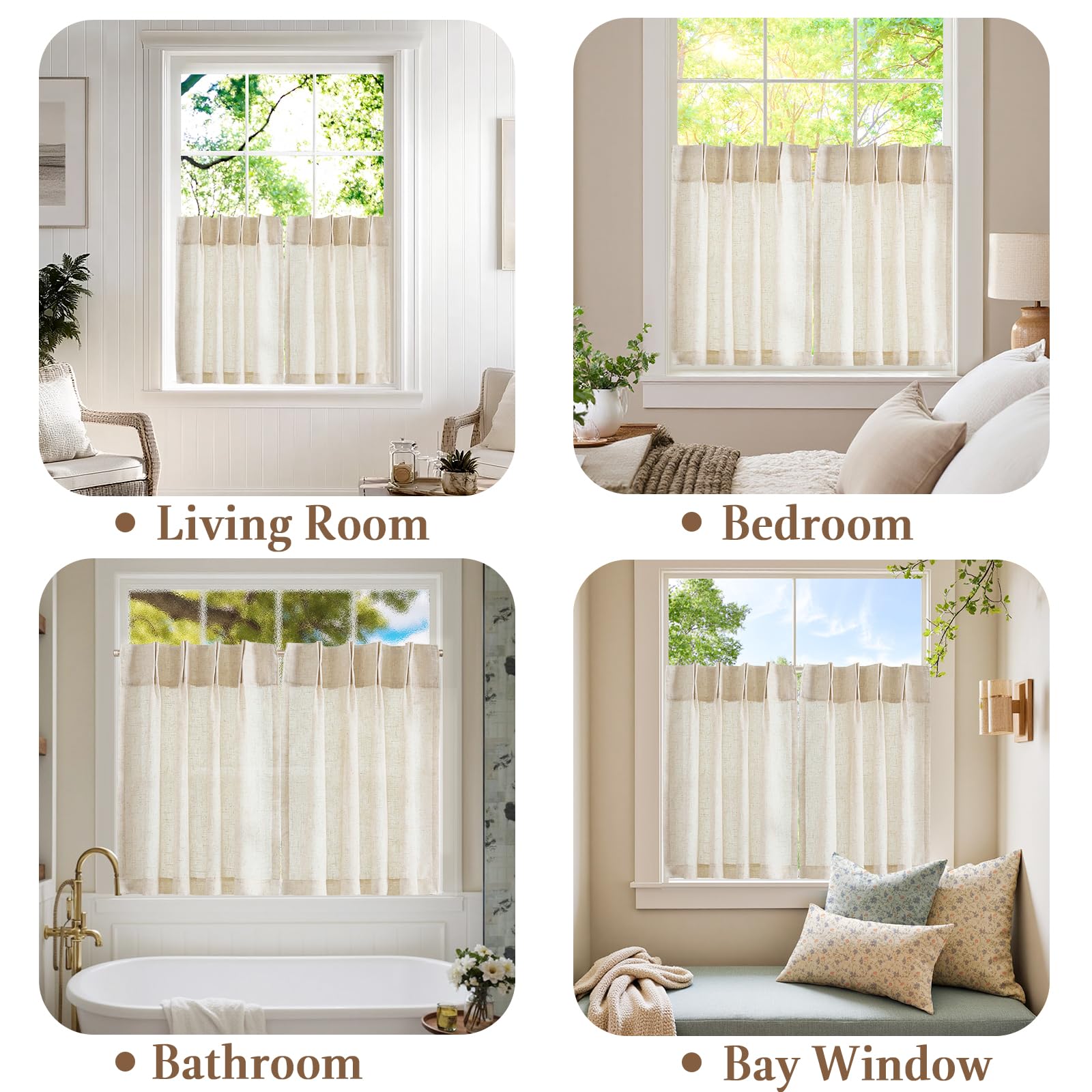 jinchan Linen Pinch Pleated Kitchen Curtains 30 Inch 2 Panels, Natural Linen Tier Curtains Back Tab Farmhouse Cafe, Light Filtering Small Window Drapes for Bathroom Laundry Room Beige