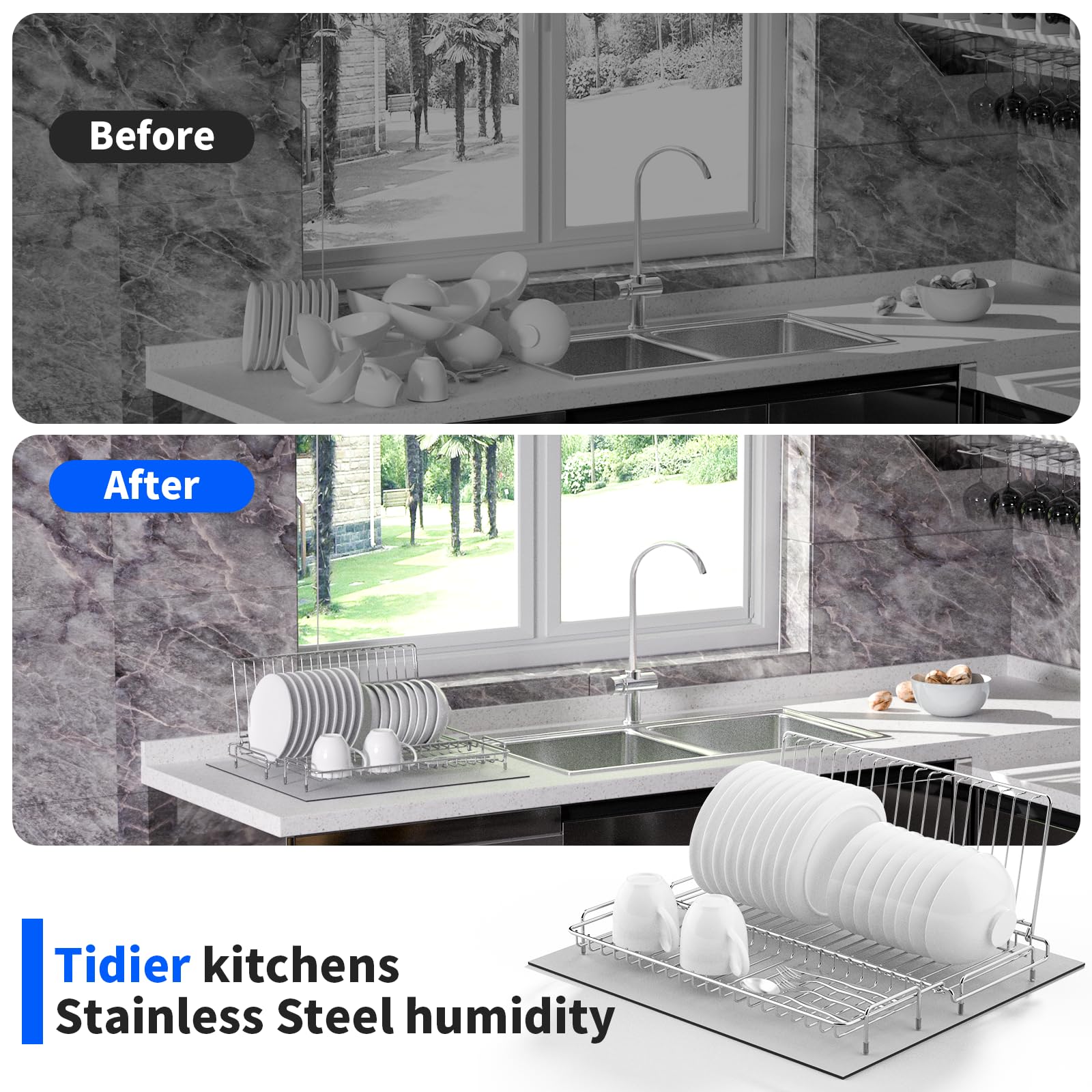 chilinii Dish Drying Rack Stainless Steel Collapsible Foldable Small Dish Rack Countertop Portable Drainer with Drying Mat for Kitchen Dorm RV Campers Travel Trailer Space Saving