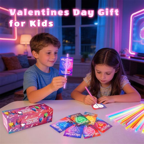 50 Glow Sticks with 24 Valentines Day Card, Glow in The Dark Neon Party Favors for Classroom Exchange, School Prizes, Kids Valentines Day Gifts Party Supplies Glow Stick Bracelets and Necklaces