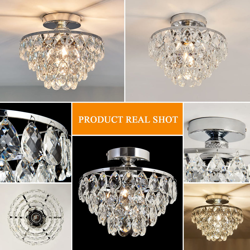 YYJLX Modern E26 Small Crystal Chandelier Semi Flush Mount Ceiling Light Fixture Silver Ceiling Lamp for Hallway Bedroom Bathroom Closet Bedroom Foyer （Chrome）