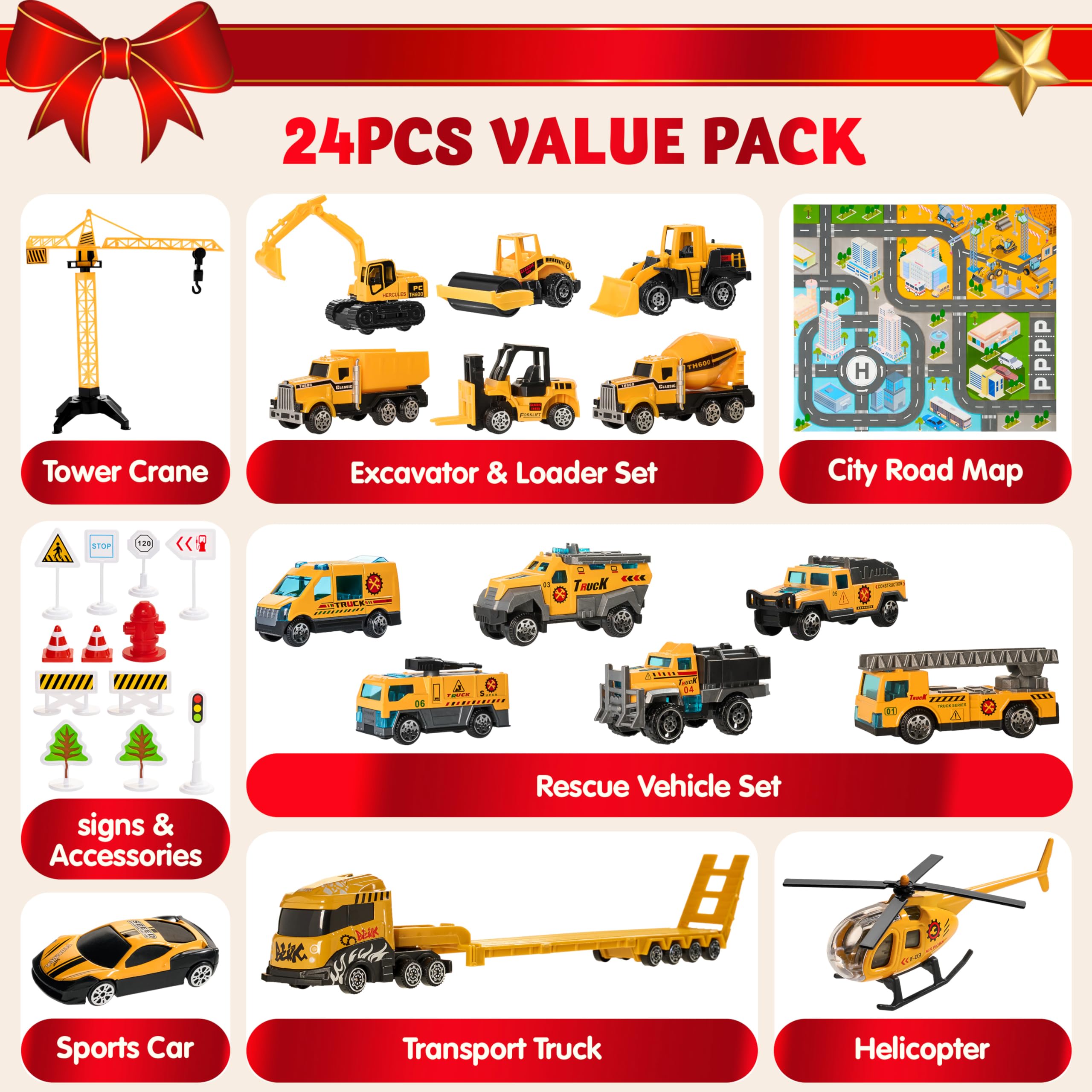 JOYIN 2025 Christmas Advent Calendar Engineering Vehicle, 24 Days Christmas Countdown Alloy Construction Engineering Vehicle for Kids, Vehicles City Construction Cars, Xmas Party Favors Supplies
