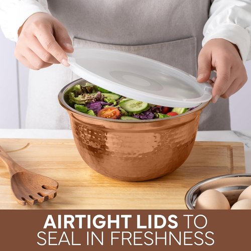 Cook With Color 18-Piece Mixing Bowls Set - Handcrafted Stainless Steel with Airtight Lids | Copper Hammered Finish