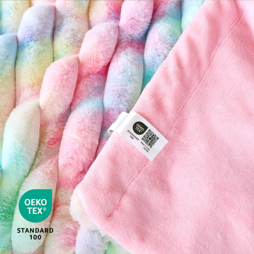 Cozy Bliss Faux Fur Throw Blanket for Couch, Cozy Warm Plush Striped Blanket for Sofa Bedroom Living Room, 50 * 60 Inches Tie-dye Rainbow