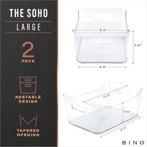 BINO Large Clear Plastic Storage Bins - 2 Pack | Pantry & Fridge Organizer | Kitchen Cabinet Solution
