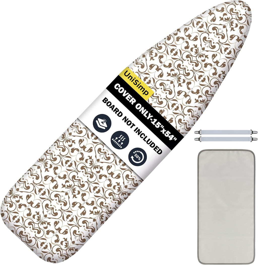 UniSimp Ironing Board Cover - Extra Thick Natural Cotton, Scorch & Stain Resistant | 15"x54" Heatproof Taupe