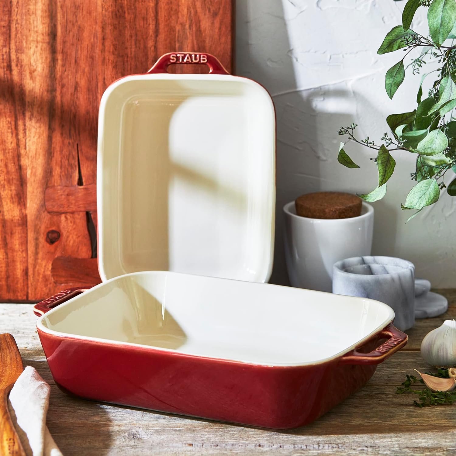 STAUB Ceramic Baking Dish Set - 2-Piece Rectangular Design in Vibrant Red