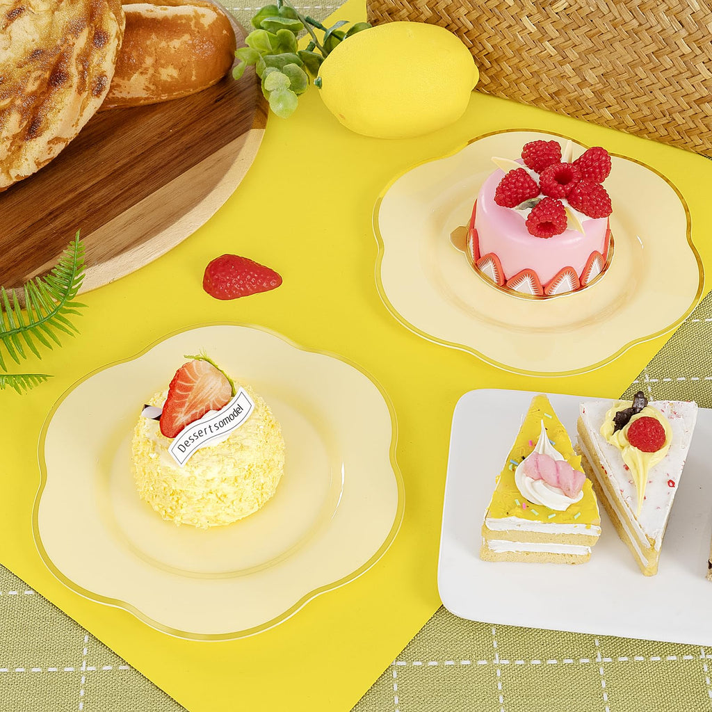Liacere 50PCS Yellow Plastic Plates - Heavy Duty Disposable -Yellow and Gold Include 25PCS 7inch and 25PCS 10inch Plates for Mothers Day & Baby Shower & Spring & Party